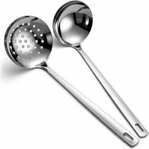 Slotted Spoons and Kitchen Ladle Spoon Set 2 Pcs, Stainless Steel Kitchen Spider Strainer Skimmer Soup Ladle for Straining Pasta/Cooking/Frying, Serving Soup/Gravy, Metal Kitchen Utensils