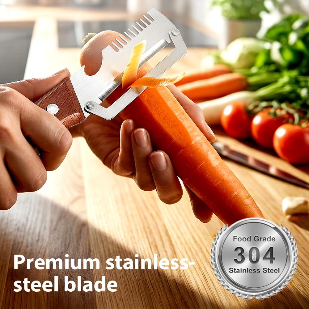 Multi-Functional Vegetable Peeler for Kitchen, Ultra-Sharp Stainless Steel Blade with Wooden Handle and Bottle Opener, For Vegetables or Fruits that Need to Be Peeled (Set-2) - Image 2