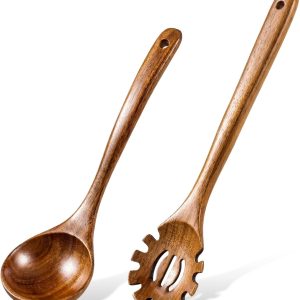 Wooden Ladles for Cooking, 2-Piece Soup Ladle & Pasta Spoon Set, Natural Teak Wood Soup Ladle and Slotted  Spoon for Cooking, Serving and Stirring