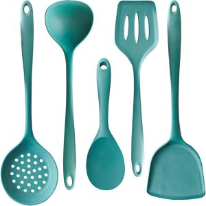5-Piece Silicone Cooking Utensil Set, Food Grade Non-Stick Spatula and Ladle Set for Kitchen - Dishwasher Safe, Heat Resistant, Easy to Clean (Deep Green)