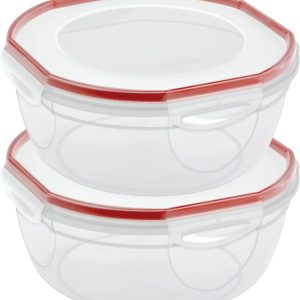8.1 Qt Bowl, Large Airtight Food Storage Container, Latching Lid, Microwave and Dishwasher Safe, Clear With Red Gasket, 2-Pack