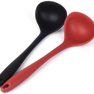Silicone Ladle Soup Spoon Set of 2, Nonstick Heat Resistant Long Handle Unbreakable Big Round Scoop for Home Kitchen Cooking,Red and Black