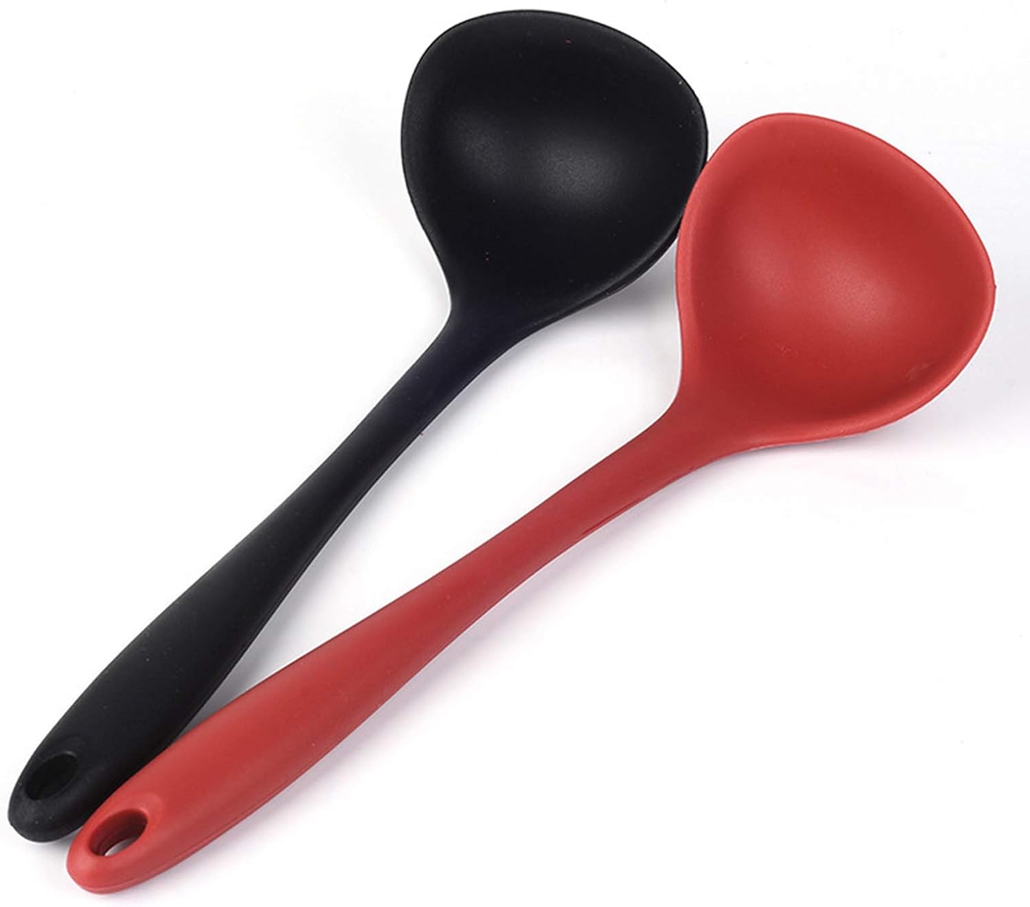 Silicone Ladle Soup Spoon Set of 2, Nonstick Heat Resistant Long Handle Unbreakable Big Round Scoop for Home Kitchen Cooking,Red and Black