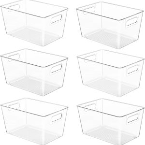 6 Pack Clear Pantry Organizer Bins, Plastic Containers with Handle for Kitchen,Freezer,Cabinet,Closet,Bathroom Under Sink Storage
