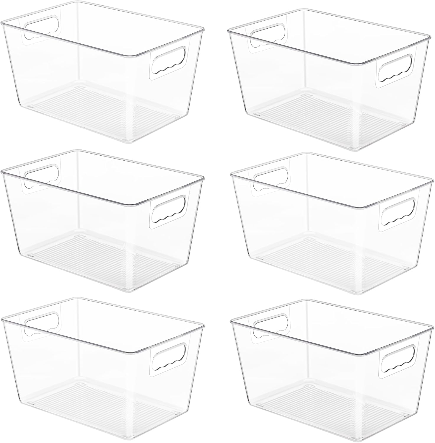 6 Pack Clear Pantry Organizer Bins, Plastic Containers with Handle for Kitchen,Freezer,Cabinet,Closet,Bathroom Under Sink Storage