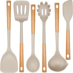 Kitchen Utensils Set, Large Non-stick Silicone Cooking Utensils Set 6 Pcs, Wooden Handle Heat Resistance Silicone Spatula Soup Ladle Pasta Server Kitchen Gadgets Utensils Set (Khaki)