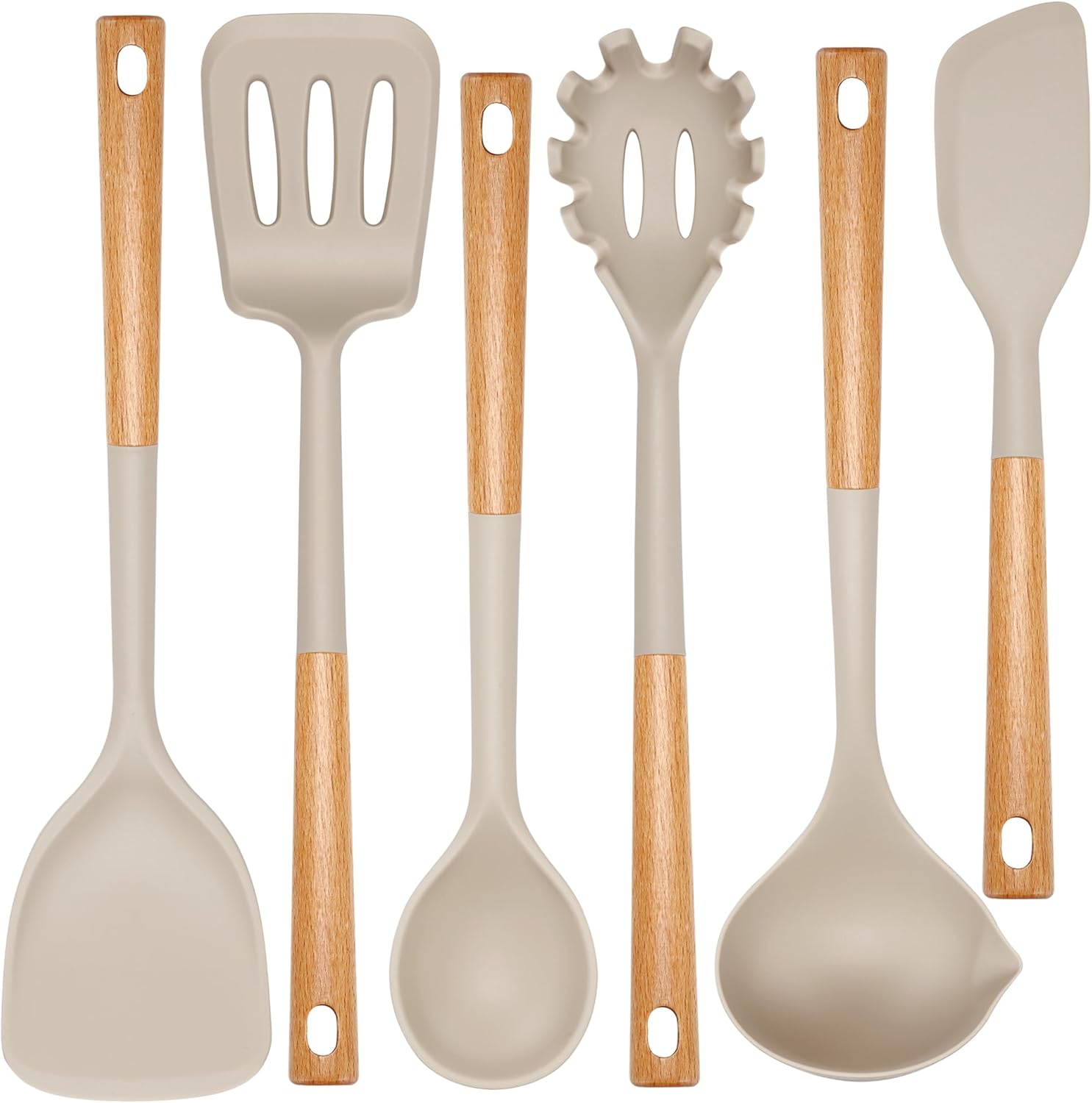 Kitchen Utensils Set, Large Non-stick Silicone Cooking Utensils Set 6 Pcs, Wooden Handle Heat Resistance Silicone Spatula Soup Ladle Pasta Server Kitchen Gadgets Utensils Set (Khaki)