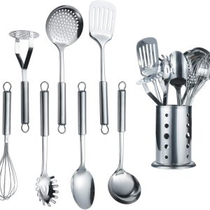 Cooking Utensil Set 8 Piece, Stainless Steel Kitchen Tool Set with Stand,Cooking Utensils, Slotted Tuner, Ladle, Skimmer, Serving Spoon, Pasta Server,Potato Maseher, Egg Whisk. （8 Pieces）