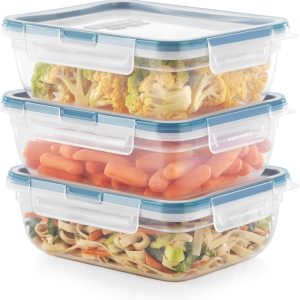 Plastic Total Solution 3-Pack (8.5-Cup) Food Storage Containers Set, Leakproof & Airtight Plastic Locking Lids Rectangular Containers, Lids, Microwave Dishwasher Freezer Safe