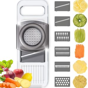 Multi-function 6 in 1 Safe Vegetable Fruit Manual Slicer/Shredder Chopper Interchangeable Handheld Shining Transparent Exquisite Thickened Plastic Board Kitchen Prep Tool for Onion Garlic