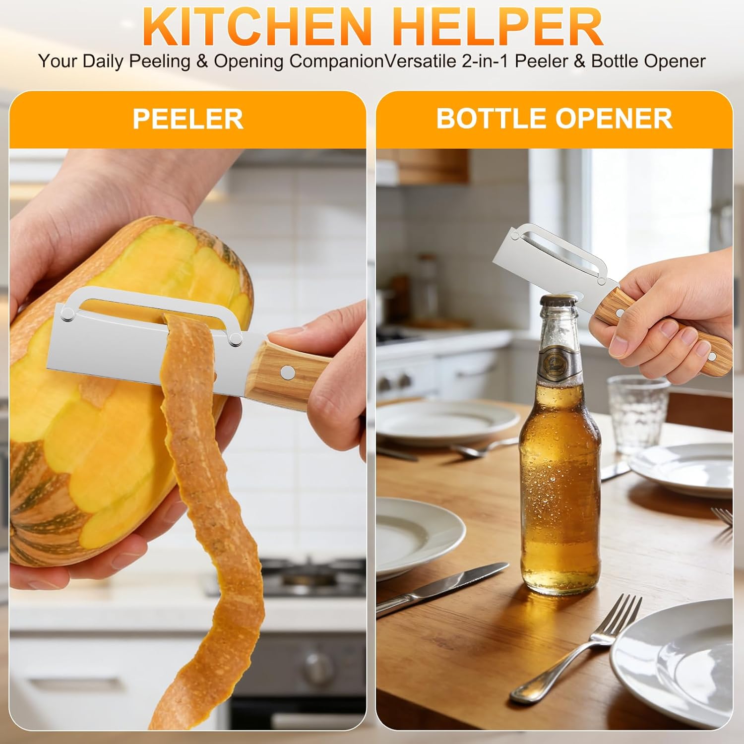 Multi-Functional Vegetable Peeler for Kitchen, with Wooden Handle and Bottle Opener, 2-in-1 Stainless Steel Blade Kitchen Tool for Fruit Apple Potato Pumpkin Papaya(2pcs) - Image 2