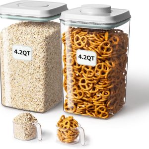 Airtight Food Storage Container with Pop Lid & 130ml Scoop, 4L/4.2qt *2 Cereal, Rice, Flour, Pasta & Snack Container, Stackable & Durable,Kitchen Pantry Organizer