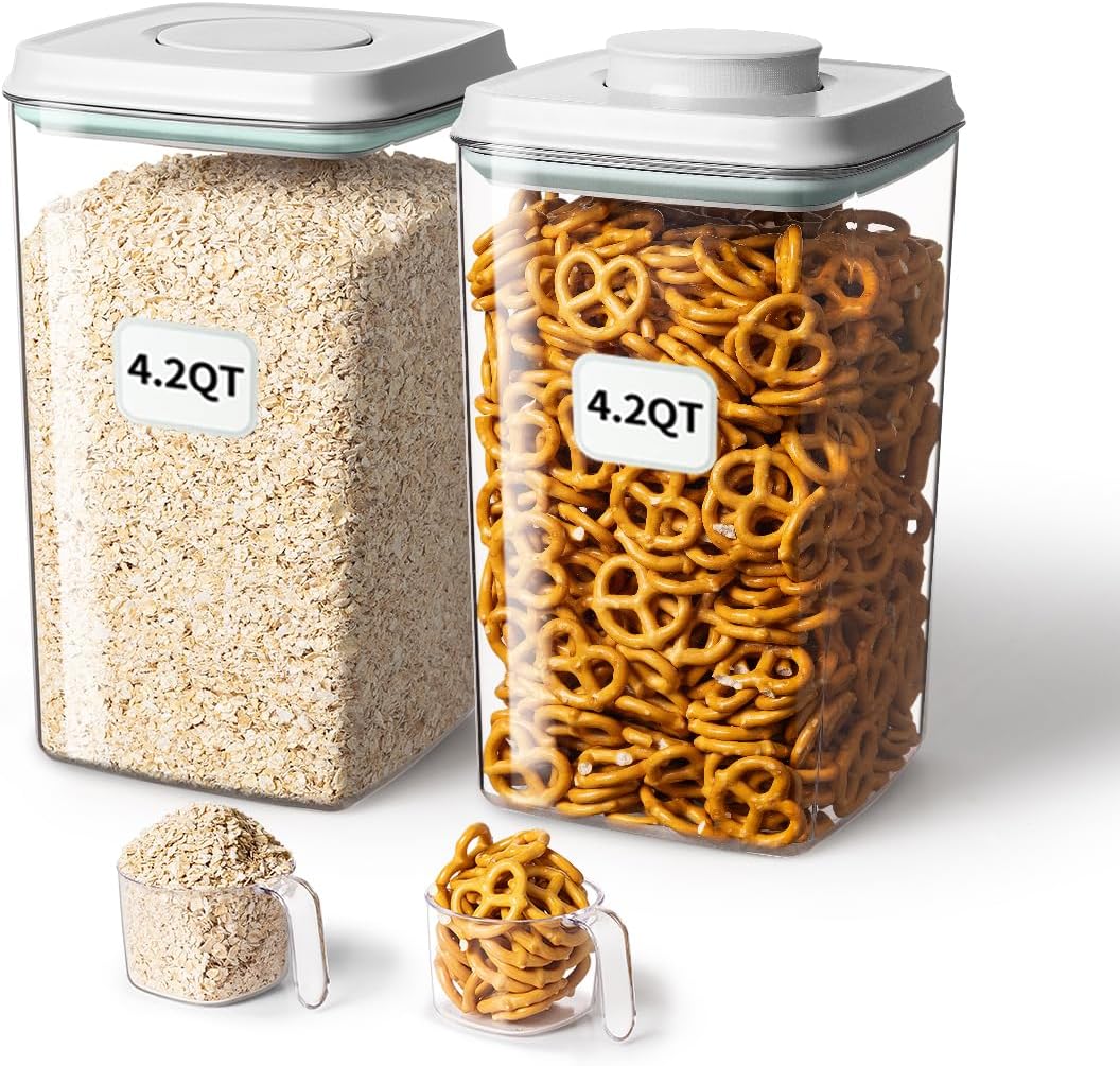 Airtight Food Storage Container with Pop Lid & 130ml Scoop, 4L/4.2qt *2 Cereal, Rice, Flour, Pasta & Snack Container, Stackable & Durable,Kitchen Pantry Organizer