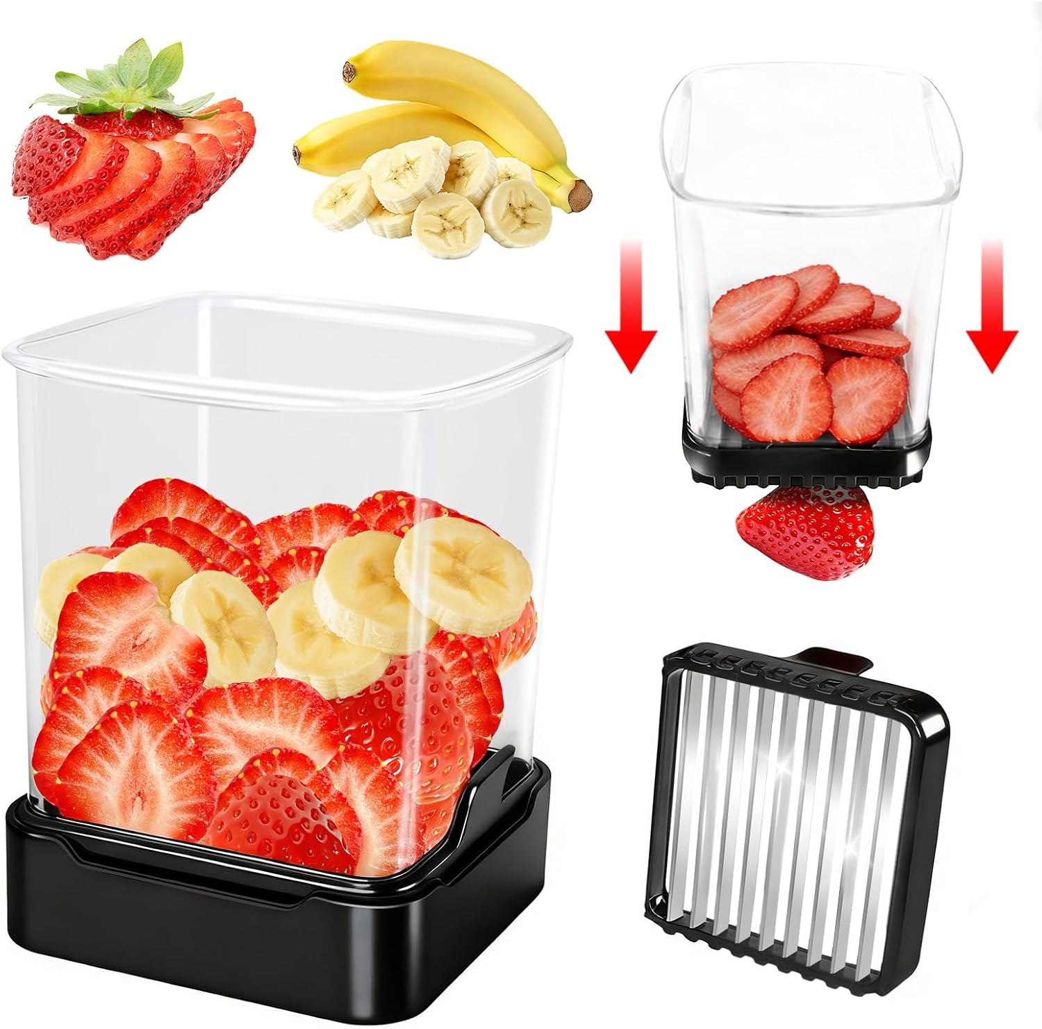 Fruit Slicer Cup for Strawberry, Banana, Hard-Boiled Egg - Detachable Cutter with Push Plate - Stainless Steel Blade - Rapid & Safe Slicing Kitchen Gadget for Quick Meal Prep (Black)