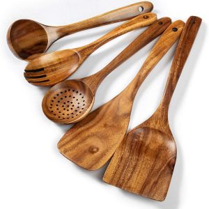 Wood Kitchen Utensils Set, 5 PCs Natural Acacia Wooden Spoons For Cooking for Non-stick Skillet, Utensil set For Cooking With Soup Ladle and Wok Spatulas, Salad fork, s for Cooking