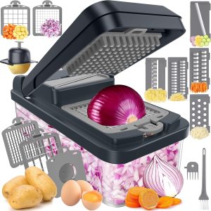 12-in-1 Vegetable Chopper, Kitchen Gadgets with 7 Blades, Veggie, Food, Onion Chopper, Cucumber Slicer, Versatile , Includes Egg Separator & Finger Guard, Gray