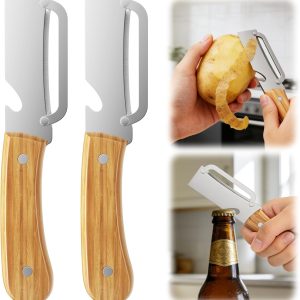 Multi-Functional Vegetable Peeler for Kitchen, with Wooden Handle and Bottle Opener, 2-in-1 Stainless Steel Blade Kitchen Tool for Fruit Apple Potato Pumpkin Papaya(2pcs)