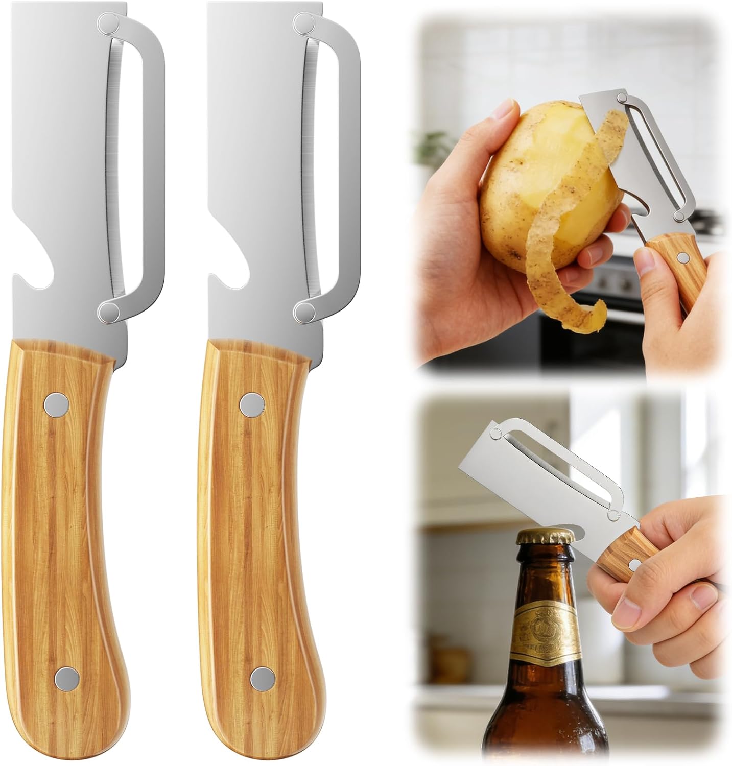 Multi-Functional Vegetable Peeler for Kitchen, with Wooden Handle and Bottle Opener, 2-in-1 Stainless Steel Blade Kitchen Tool for Fruit Apple Potato Pumpkin Papaya(2pcs)
