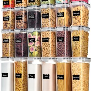 Airtight Food Storage Containers with Lids, 24 pcs Plastic Kitchen and Pantry Organization Canisters for Cereal, Dry Food, Flour and Sugar, , Includes 24 Labels，Black