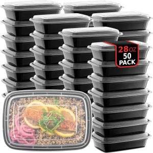 50-Pack Reusable Meal Prep Containers Microwave Safe Food Storage Containers with Lids, 28 oz - 1 Compartment Take Out Disposable Plastic Bento Lunch Box To Go, - Dishwasher & Freezer Safe