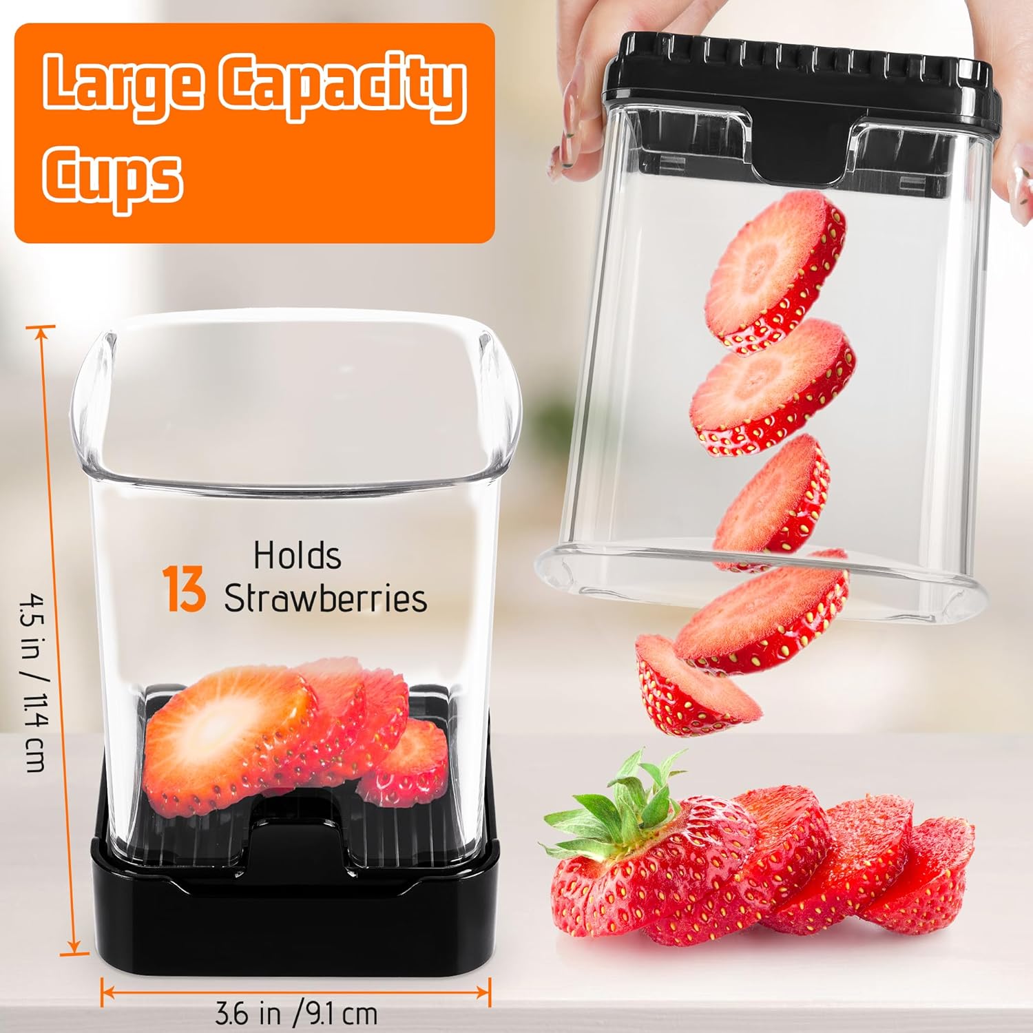 Fruit Slicer Cup for Strawberry, Banana, Hard-Boiled Egg - Detachable Cutter with Push Plate - Stainless Steel Blade - Rapid & Safe Slicing Kitchen Gadget for Quick Meal Prep (Black) - Image 2
