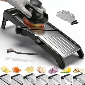 Food slicer for kitchen, Adjustable Stainless Steel Vegetable slicer, Food slicer Onion Potato Chip French Fry, 7 in-1 Adjustable Blade, Including 1 Pair of Gloves
