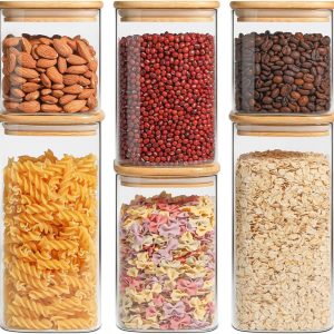 Airtight Glass Storage Canister with Lids (0.7Qt/1.2Qt/1.6Qt) Set of 6, Food Storage Container Kitchen Pantry Storage Jar, Glass Jars for Flour Cereal Sugar Tea Coffee Beans Snacks, Square