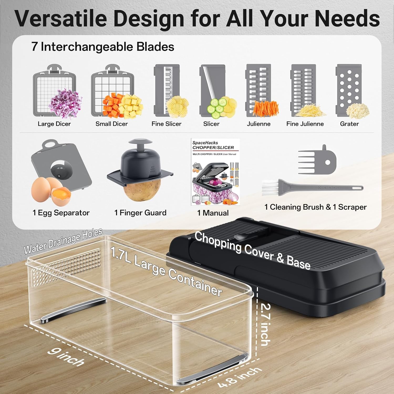 12-in-1 Vegetable Chopper, Kitchen Gadgets with 7 Blades, Veggie, Food, Onion Chopper, Cucumber Slicer, Versatile , Includes Egg Separator & Finger Guard, Gray - Image 2